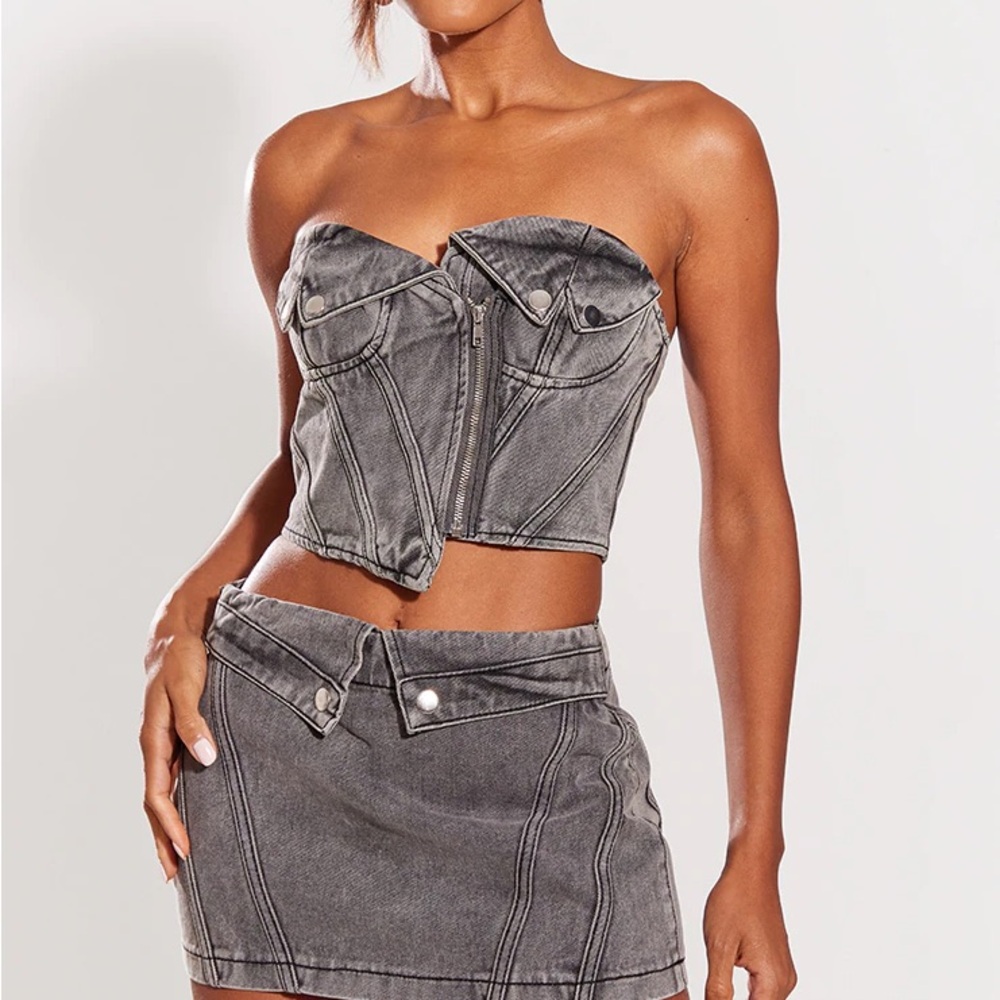 PrettyLittleThing Gray Denim Skirt Set